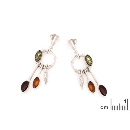 Boucles d'oreilles avec ambre multicolore de la mer Baltique, argent rhodié 925
