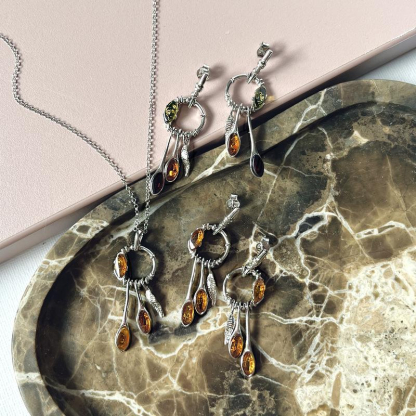 Collier avec ambre multicolore, en argent rhodié 925, longueur 42 + 3 cm