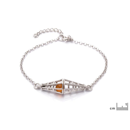Bracciale con pallina d'ambra cognac, in argento 925 rodiato, lunghezza 17+3 cm