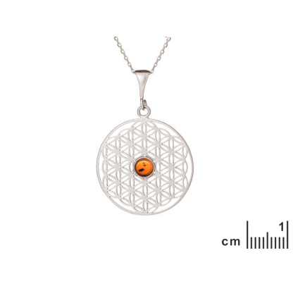 Levensbloem hanger met cognac amber, 925 gerhodineerd zilver, diameter 2,7+1 cm