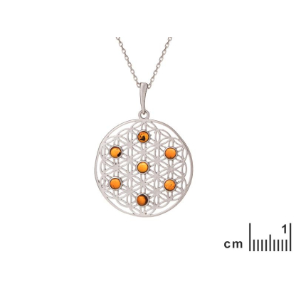 Colgante flor de la vida con ámbar coñac, plata 925 rodiada, diámetro 2,7+1 cm