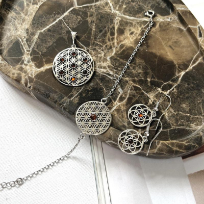 Flower of life pendant with cognac amber, 925 rhodium silver, diameter 2.7+1 cm