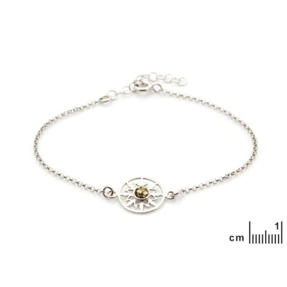Bracelet soleil avec ambre vert rond, en argent rhodié 925, longueur 17+3 cm