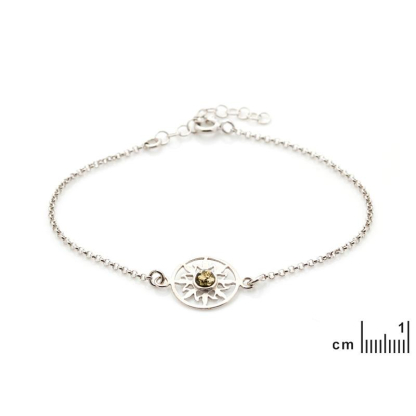 Sun bracelet with round green amber, in 925 rhodium silver, length 17+3 cm