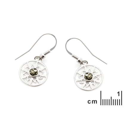 Sun earrings with natural green amber, in 925 rhodium silver