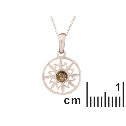Zonnehanger met ronde groene barnsteen, in 925 gerhodineerd zilver, diameter 1,5+1 cm