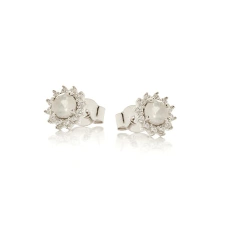 Natural round white moonstone stud earrings, rhodium-plated 925 silver, 4 mm
