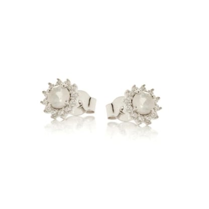 Natural round white moonstone stud earrings, rhodium-plated 925 silver, 4 mm