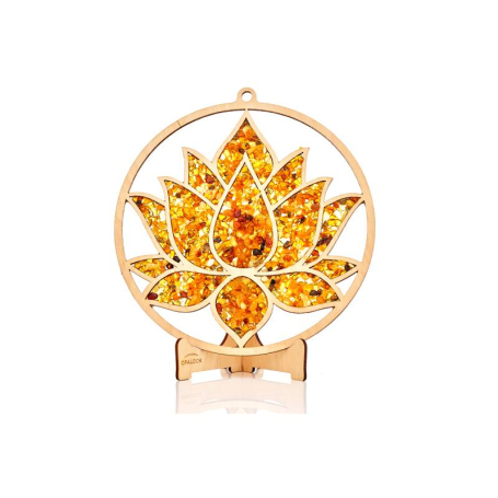 Plaque de rechargement et déco fleur de lotus en bouleau et en ambre, 20 cm