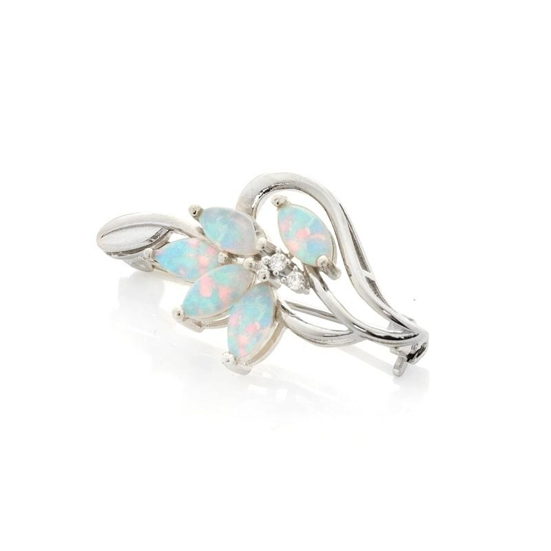 Brosche mit Navette-Opal und Zirkonoxid, in rhodiniertem Silber 925
