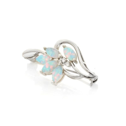 Brosche mit Navette-Opal und Zirkonoxid, in rhodiniertem Silber 925