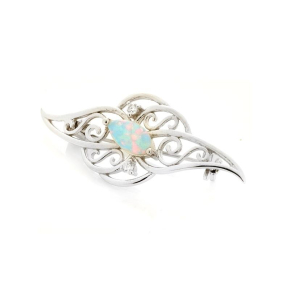 Broche avec opale navette et oxyde zirconium, en argent rhodié 925