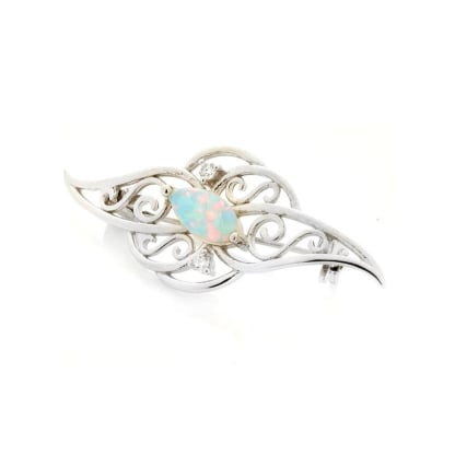 Spilla con opale navette e ossido di zirconio, in argento rodiato 925