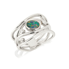 Anello con opale doppietto ovale e ossido di zirconio, in argento 925 rodiato