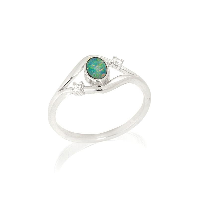 Inel cu opal dublu oval și oxid de zirconiu, din argint 925 placat cu rodiu