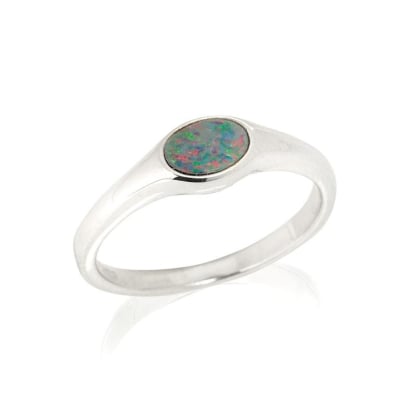 Inel cu opal dublu albastru australian oval, din argint 925 placat cu rodiu