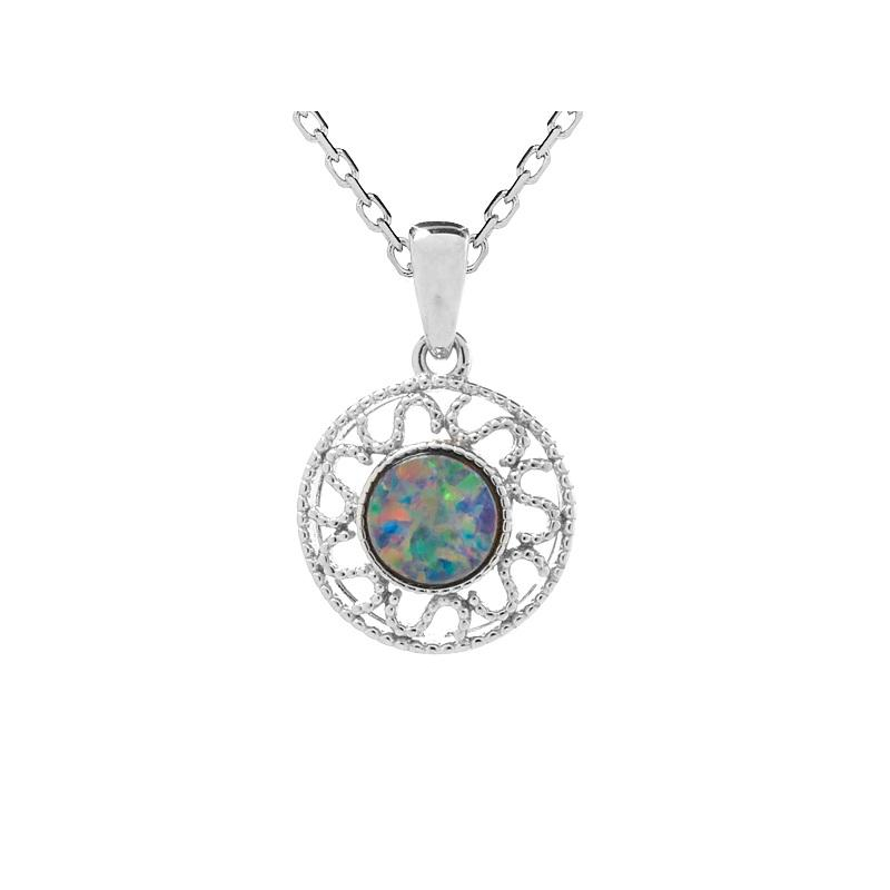925 ayar rodyum kaplama gümüşten yapılmış, yuvarlak Avustralya mavisi çift opal taşlı Kolye ucu