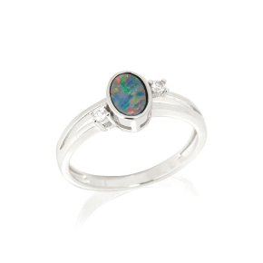 Oval çift opal ve zirkonyum oksitten yapılmış, 925 ayar rodyum kaplama gümüş yüzük