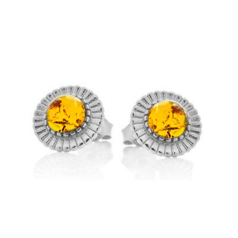 천연 코냑 앰버가 들어간 925 로듐 도금 실버 선 스터드 귀걸이