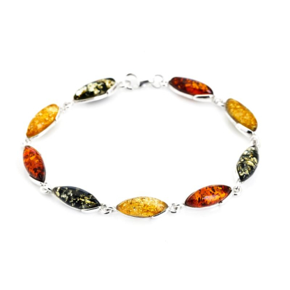 Bracelet avec ambre multicolore, argent rhodié 925, 18,5+3,5 cm