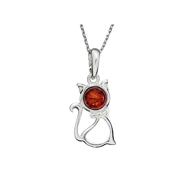 Pendentif chat avec ambre cognac, argent rhodié 925, dimension 1,2x2+0,8 cm