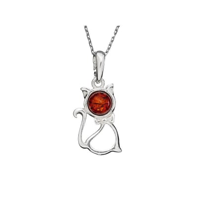 Colgante de gato con ámbar coñac, plata 925 rodiada, tamaño 1,2x2+0,8 cm