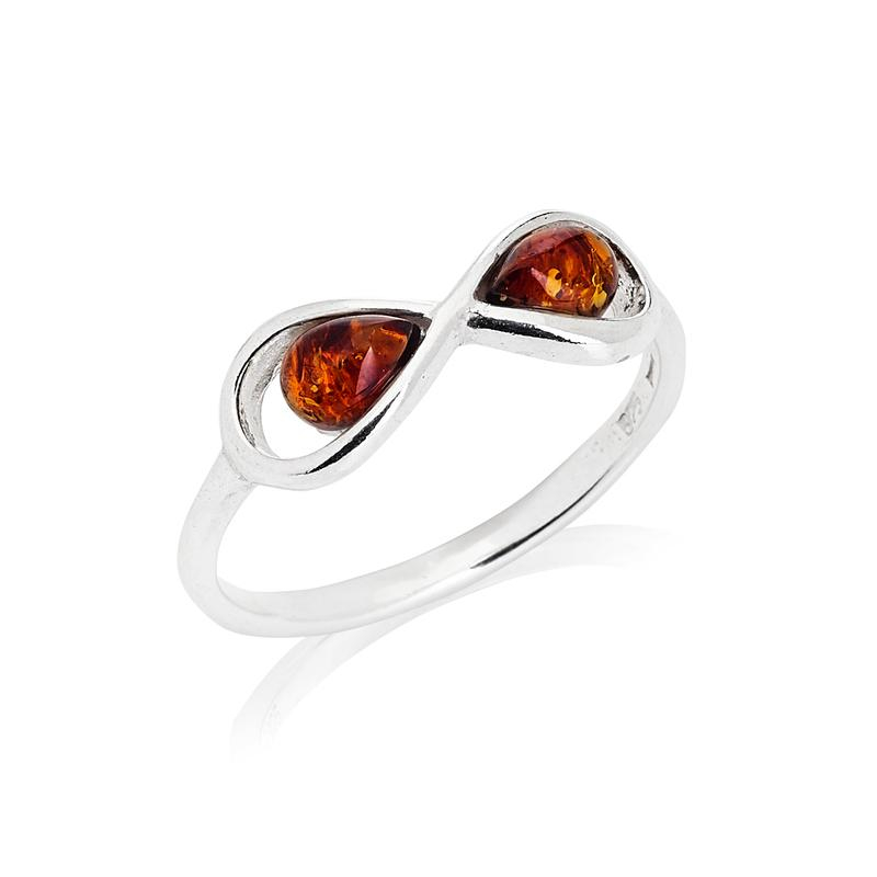 Bague multipierres avec ambre cognac naturel en goutte, en argent rhodié 925