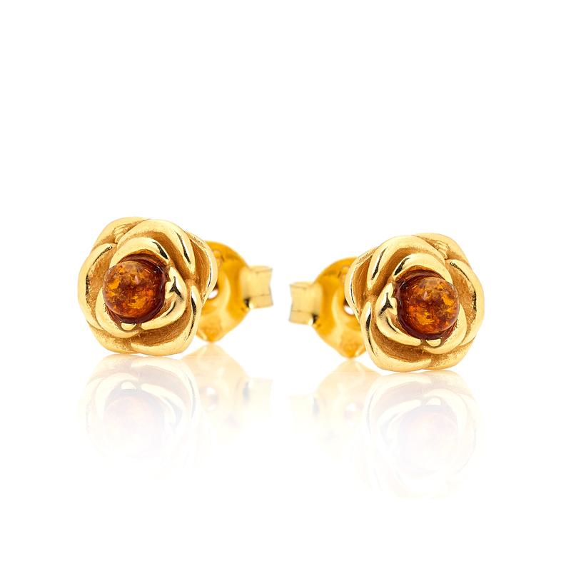 Rosa Ohrringe mit natürlichem Cognac-Bernstein, gold 925er Silber, Durchmesser 0,8