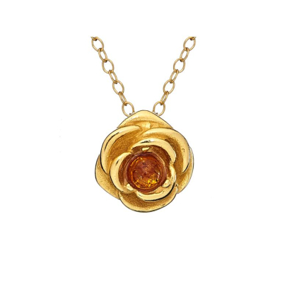 Pink necklace with natural cognac amber, in gold plated 925 silver, length 41+5 cm