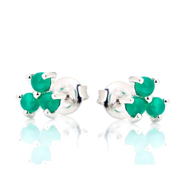 Pendientes con ónix verde natural redondo, en plata 925 rodiada