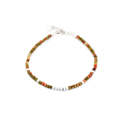 Pulsera con unakita multicolor, plata 925 rodiada, 15,5+3 cm