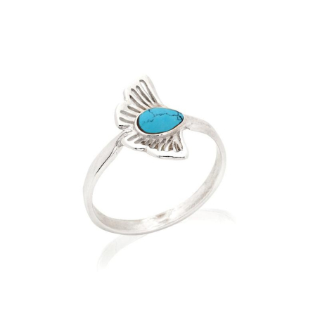 Bague gingko avec turquoise bleue reconstituée, en argent rhodié 925