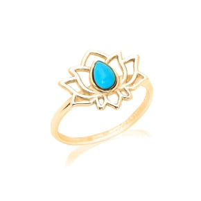 Lotusring met gereconstrueerd blauw turquoise , in goudkleurige 925 zilver