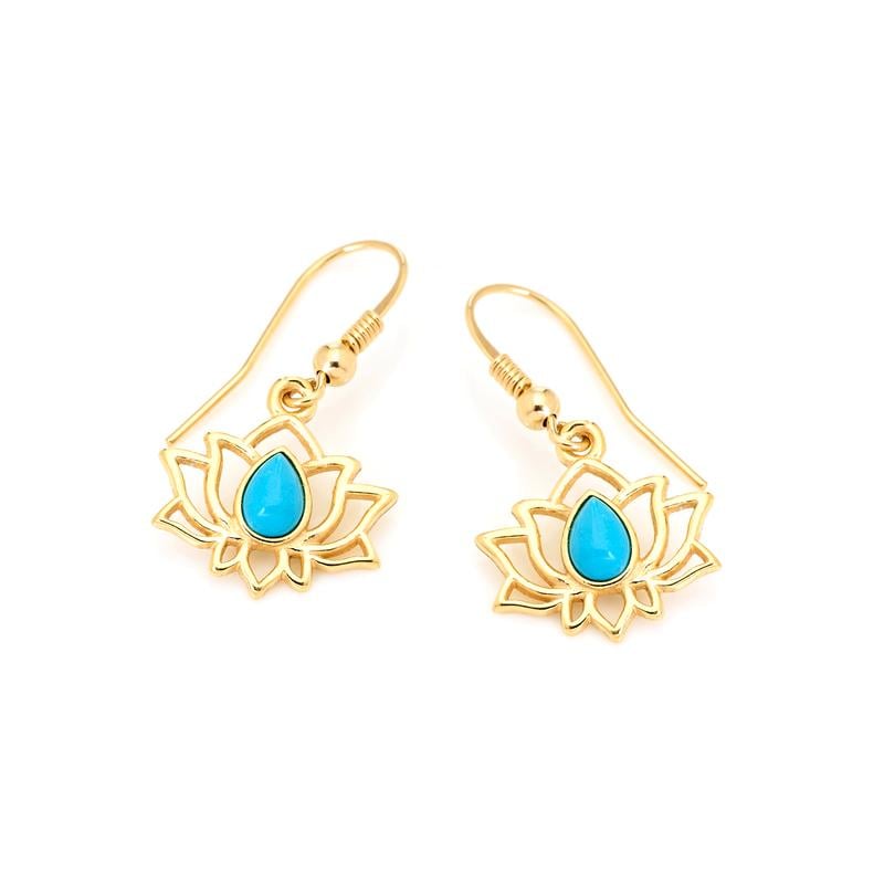 Orecchini a bottone Lotus con turchese blu ricostituito, in argento 925 dorato