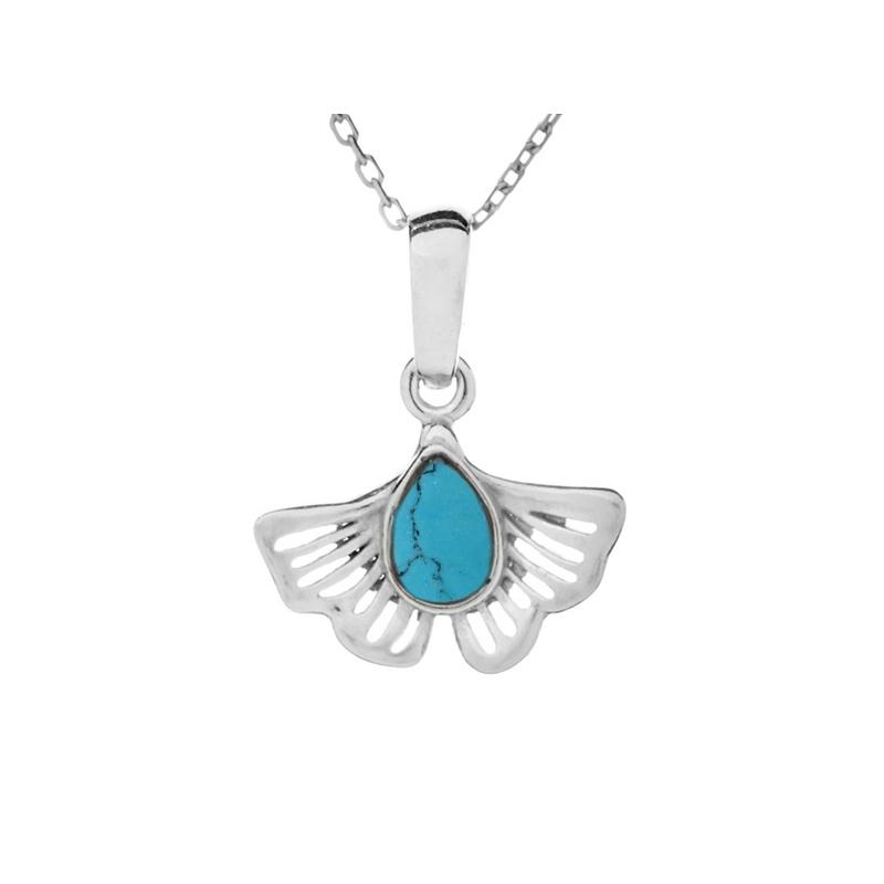 Pendentif gingko avec turquoise reconstituée, argent rhodié 925, 1,6x1,5+1 cm