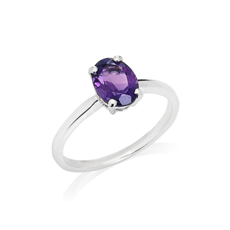 Ring with natural oval purple amethyst, in 925 rhodium-plated silver