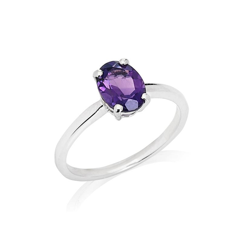 Ring with natural oval purple amethyst, in 925 rhodium-plated silver
