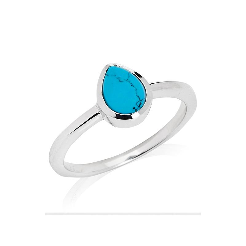 Bague avec turquoise bleue reconstituée en goutte, en argent rhodié 925