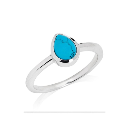 Bague avec turquoise bleue reconstituée en goutte, en argent rhodié 925
