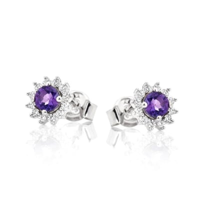 Clous d'oreilles avec améthyste ronde et zirconium, en argent rhodié 925
