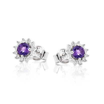 Pendientes con amatista redonda y circonitas, en plata 925 rodiada.