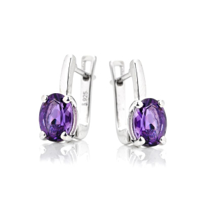 Oval purple amethyst drop earrings in 925 rhodium-plated silver
