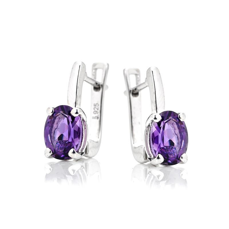 Oval purple amethyst drop earrings in 925 rhodium-plated silver