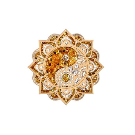 Ying en yang oplaad- en decoratiebord met berkenhout en barnsteen, 11 cm