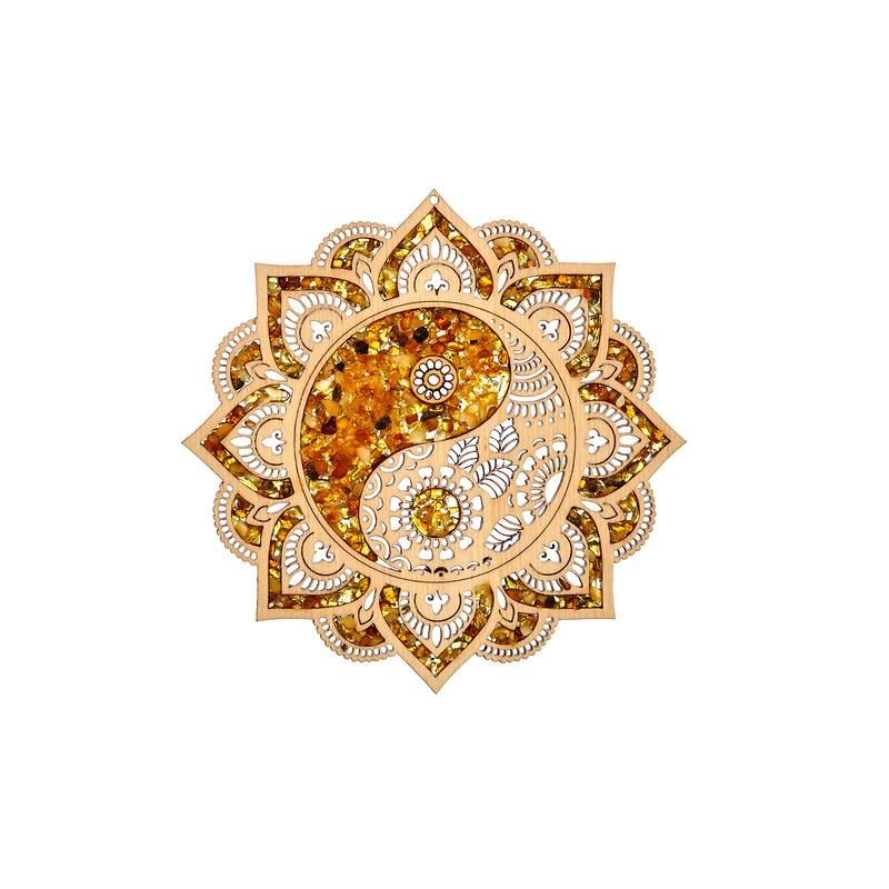 Plaque de rechargement et déco en ying et yang avec bouleau et ambre, 11 cm