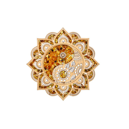 Plaque de rechargement et déco en ying et yang avec bouleau et ambre, 11 cm