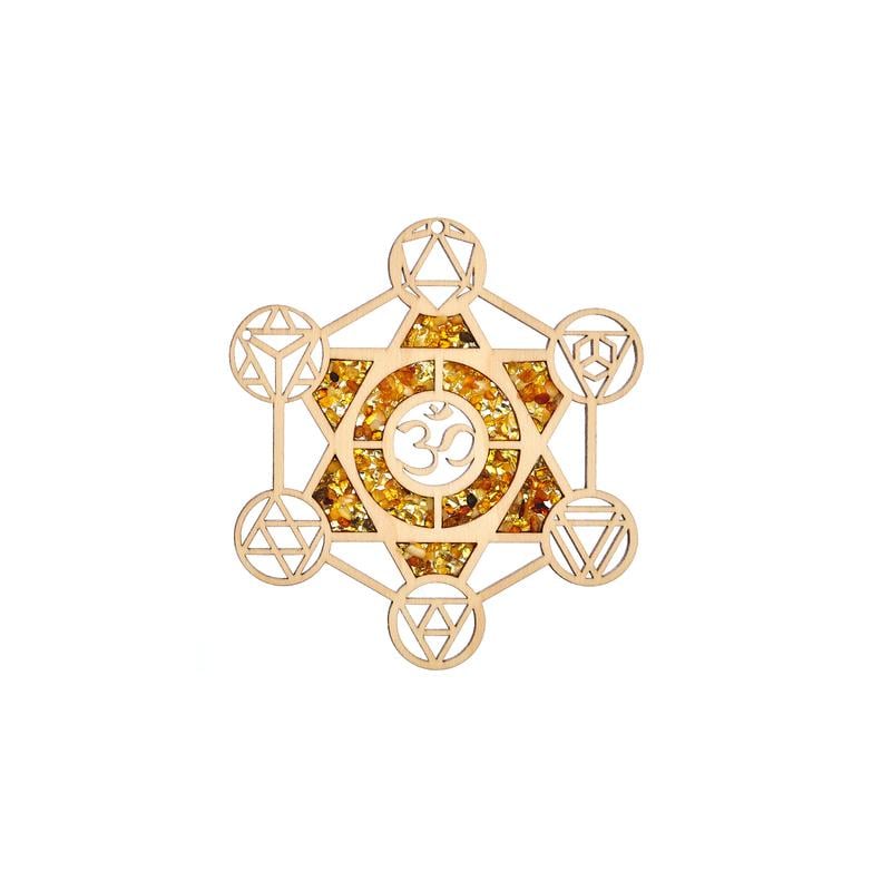 metatron oplaad- en decoplaat met berkenhout en barnsteen, 11 cm
