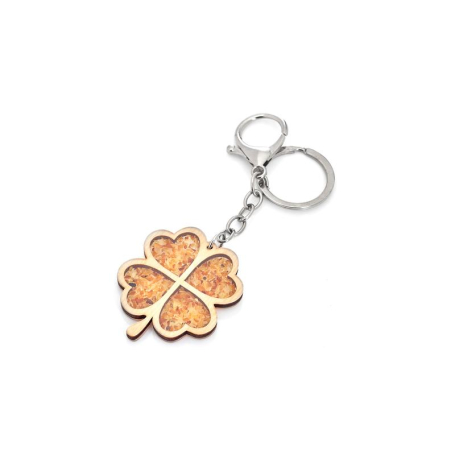 Four-leaf clover keychain with amber and birch wood