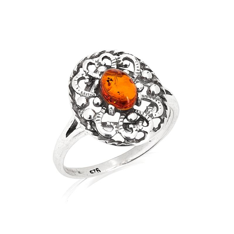 Ring with natural cognac amber from the Baltic Sea, oval, in 925 antique silver