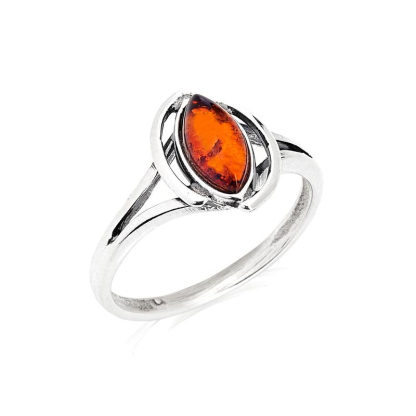Ring with natural cognac amber from the Baltic Sea navette, in rhodium-plated silver 925